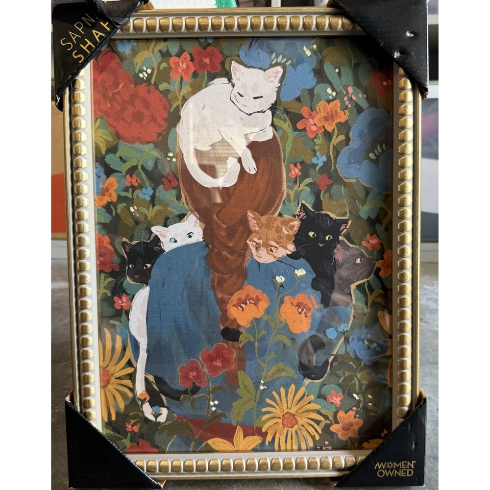 Sapna Shah Colorful Flowers Girl Cats On Shoulder Framed Wall‎ Art New